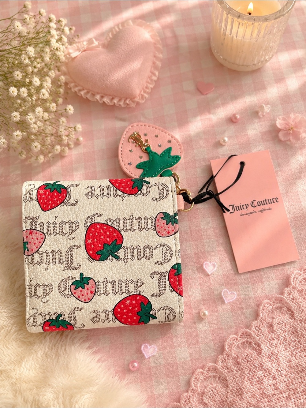 Juicy Couture Strawberry Print Compact Wallet - Pink, Red & Green